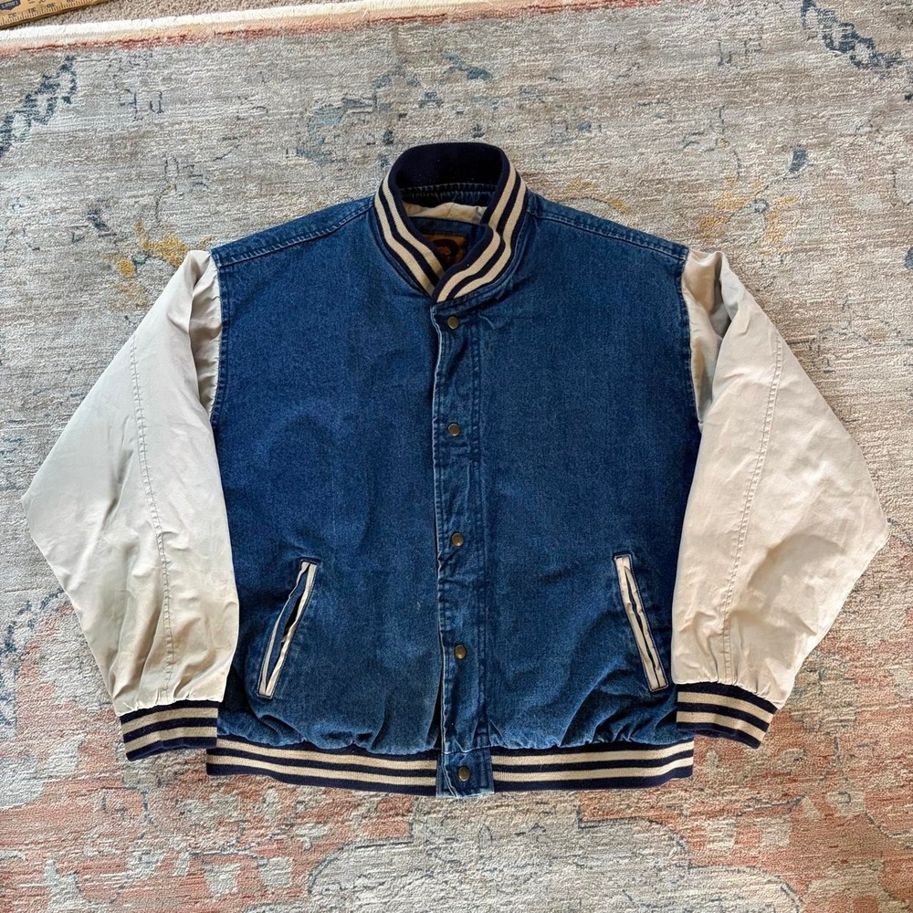 Vintage Fox Run Denim Varsity Jacket Mens XL Blue Bomber 90s Striped Trim